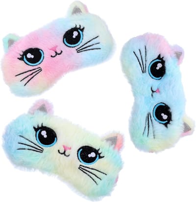 dierenslaapmasker, 3 stuks grote ogen kat pluche oogbedekking voor meisjes, zachte en comfortabele slaapblinddoek voor pyjamafeest, reizen en thuisgebruik
