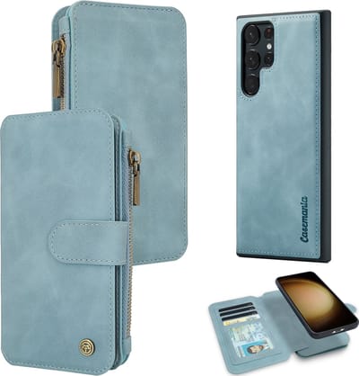 Casemania Hoesje Geschikt voor Samsung Galaxy S23 Ultra Aqua Blue - 2 in 1 Magnetic Book Case met Rits