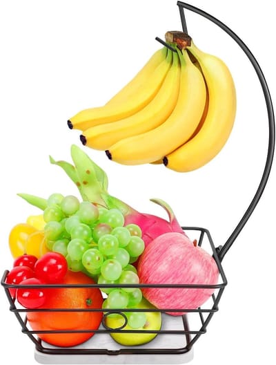Fruitmand met Bananenhanger - Fruitdecoratie Fruitopslag - Keuken Organiseren - Unieke Marmeren Basis - 2184 x 2184 x 4191 cm