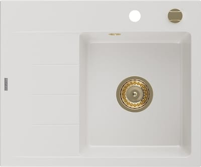 Mexen Ben granitische spoelbak met 1 bak en afdruiprek, rechts 600 x 500 , wit, gouden sifon - 6523605000-20-G