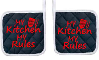 Eizook Pannenlappen 2 Stuks Navy Bedrukt - MY KITCHEN MY RULES - In Rood- Zacht Katoen met Polyester Pannenonderzetter Hittebestendige Pannenlap tot 250°C