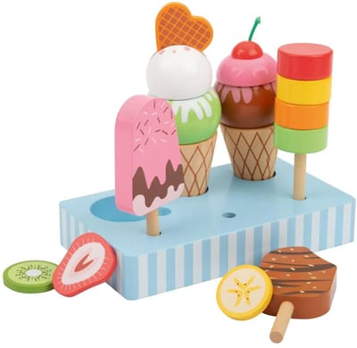 Lupilu Houten Eetset - IJS - 1x ijsstandaard, 2x ijslolly, 1x ijslolly met 3x lollyschijven, 2x ijshoorntje, 1x kiwischijf, 1x aardbeischijf, 1x citroenschijf, 1x wafel, 3x ijsbol, 1x ijsbol met kers
