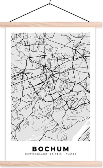 Posterhanger incl. Poster 40x60 cm - Schoolplaat - Duitsland - Stadskaart - Plattegrond - Bochum - Kaart - Textielposter - Blanke latten - Stadskaart