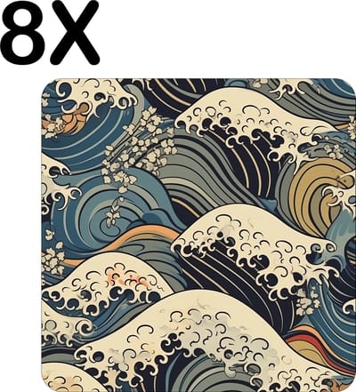 Luxe Placemat - Japanse Styl Golven Getekend - Set van 8 Placemats - 50x50 cm - 2 mm dik Vinyl - Anti Slip - Afneembaar