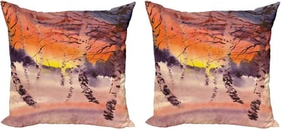 ABAKUHAUS Decoratieve kussenhoes met bosmotief, 2 stuks, zonsondergang in een berkenbos, 40x40 cm, grijs oranje