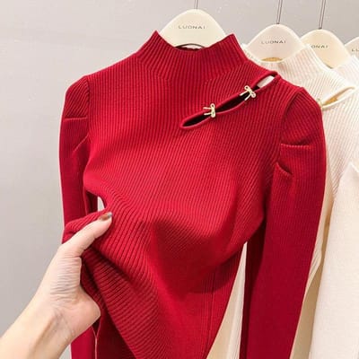 Pull en velours une pièce à col montant avec base en velours épais pour femme Hiver Pull tricoté à rivets avec haut intérieur 2XL rouge