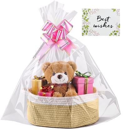 Mand, zak en lint, lege grote geschenkmand van katoen, opbergmand met handgrepen, opbergmanden voor Pasen, babyshower, Kerstmis (kaki wit)