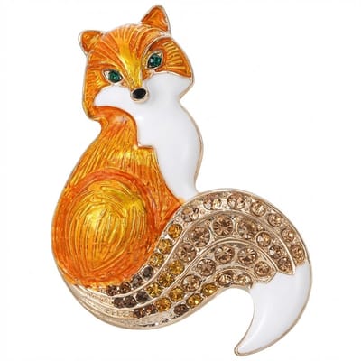 Gele vos broche dames met dierfiguur, goudkleurige afwerking en strass accenten, decoratieve broche als speld met emaille look details geschikt voor jas, blouse, trui of sjaal