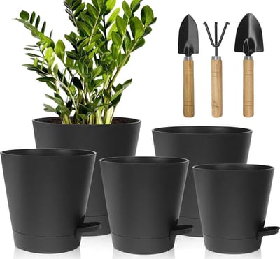 Famanu - Bloempotten, kunststof, met irrigatiesysteem, 17,8/16,5/15,2/13,9/12,7 cm, zelfbewatering, met onderzetter, rond, voor binnen, balkon, tuin, planten, vetplanten, cactussen, zwart
