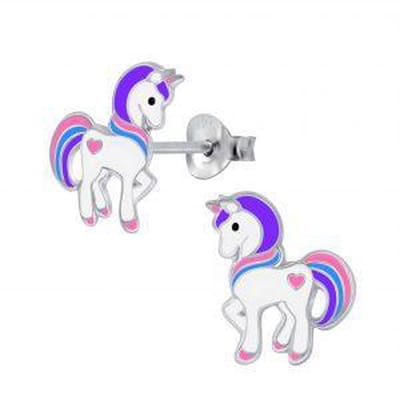 Eenhoorn Oorbellen Meisjes 925 Zilver – Zilveren Unicorn Oorstekers met Roze Hartje – Kinder Oorbellen 10 x 12 mm – Cadeau voor Meisjes