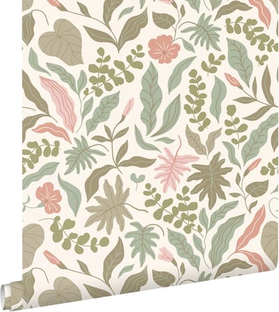 ESTAhome behang bladeren en bloemen vergrijsd groen en roze - 50 x 900 cm - 131050
