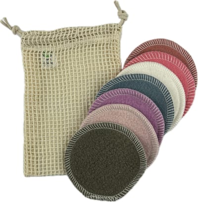 LanaLuna - wasbare wattenschijfjes + wasnetje - 7 stuks in diverse kleuren - herbruikbare wattenschijfjes - biologische katoen - gemaakt in Nederland - makeup pads - zero waste - kleuren rozenhout, roze, naturel, blauw, paars, poederroze, legergroen