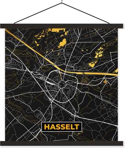 Posterhanger incl. Poster 60x60 cm - Schoolplaat - Kaart - Goud - Plattegrond - Hasselt - Stadskaart - Textielposter - Zwarte latten - Stadskaart