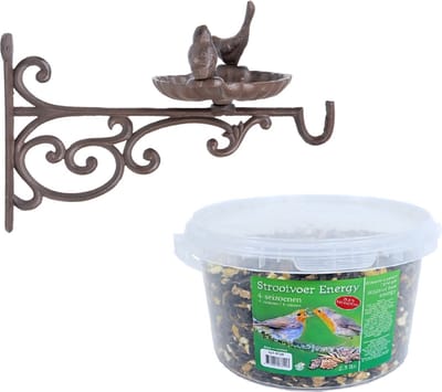 Wand vogel voederbak/drinkbak met haak gietijzer 35 cm inclusief 4-seizoenen energy vogelvoer - Vogel voederstation