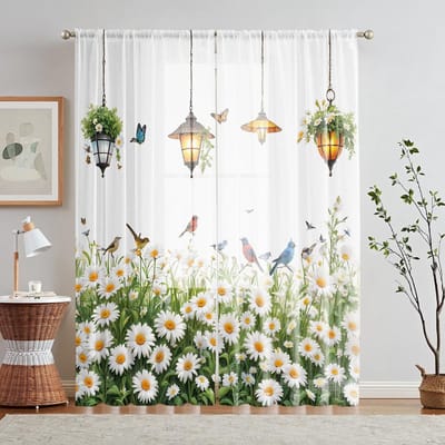 2 stuks HD digitaal witte madeliefjes bedrukt horraam Woondecoratiestijl Woonkamer Slaapkamer Decoreren Gordijn met roeden E W52H63inchW132H160cm white