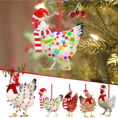 Dailygoods- Haan Decoratie 2D Platte Ornament - Kerstversiering - Hanger voor Binnen/Buiten - Feestelijke Decoratie - 5 Stuks - Charmante Sjaal - Kipornament