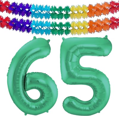 Folat Verjaardag Leeftijd folieballon - 65 jaar - groen - 86 cm - cijferballon groot - incl 2x feestslingers