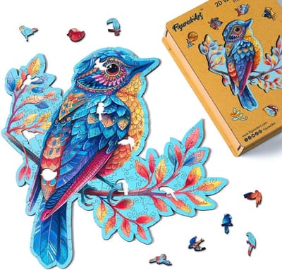 Houten Puzzel - Legpuzzel Stukjes - Ontspanning Thuis - Unieke Vorm Stukken - 31x32 cm - Blauwe Vogel
