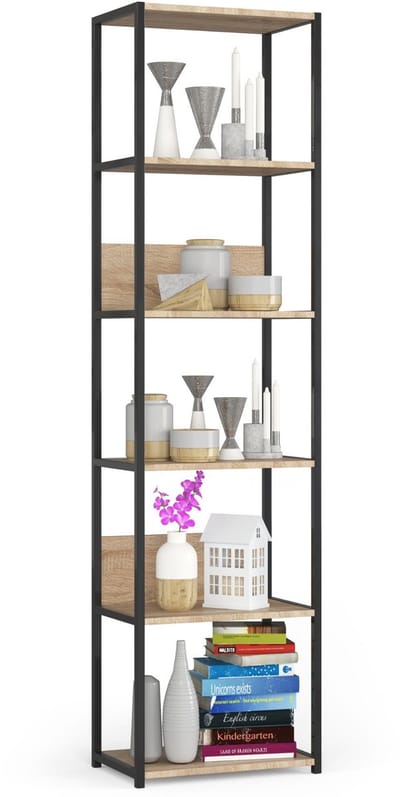Open Boekenkast, Ladderkast, Loft Design / Metalen Vakkenkast met 6 Planken / Opbergplank / Boekenrek Opslagrek / Zwart - Sonoma Eik / 50 x 192 x 32 cm