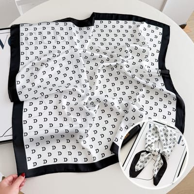 Dames Sjaal - Sjaals - Stola - Vierkante doek - Elegant Stijlvol Dames haar sjaal - Satijn zijde - Hals sjaaltje - Sjaaltje Satijn - Neksjaaltje - Omslagdoek Modesjaals - Neksjaal - Klein Sjaaltje -Letter D - wit-70*70CM