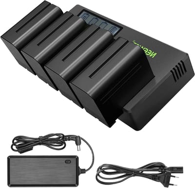 4-Pack 7.4V 6600mAh NP-F970 Vervangende Batterijen met 4-Kanaals Oplader en Voeding voor Videoproductie, Fotografie en Verlichting