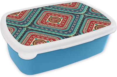 Broodtrommel Blauw - Lunchbox - Brooddoos - Azteken - Patronen - Schedel - 18x12x6 cm - Kinderen - Jongen