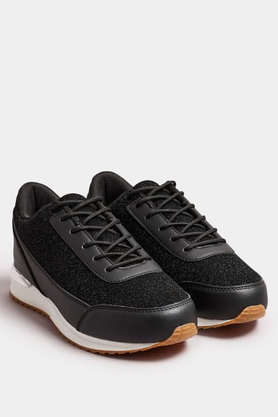 Yours Glitter Sneakers Met Metallic Detail In Een Brede Pasvorm In Zwartsize 38E