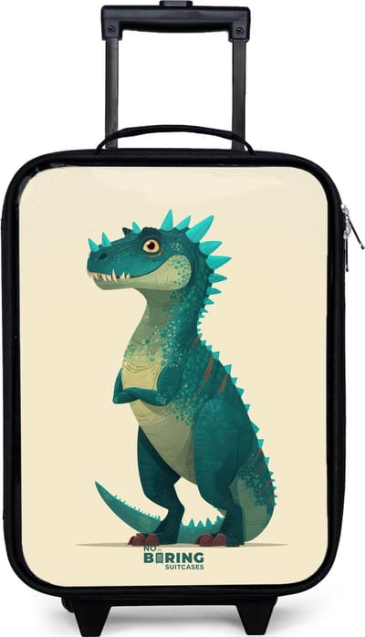NoBoringSuitcases.com® - Kinderkoffer jongen - Kindertrolley meisje - Spiky dino met vriendelijke blik - Koffer kind lichtgewicht - Reiskoffer trolley voor kinderen - Koffertje met lichtgevende wieltjes - Rolkoffer zwart