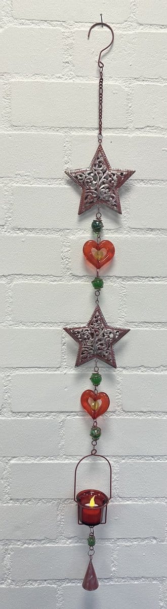 Deco theelichthouder "Kerst" met metalen ketting - Kerstster en hart - rood koper kleurig - lengte 105 cm - exclusief theelicht - Woondecoratie - Theelichthouder - Feestversiering - Kerst