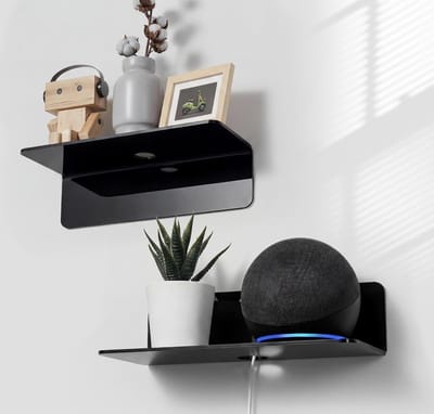 Acryl drijvende wandplanken set van 2, Schadevrij uitbreiden wandruimte, Zwarte kleine wandplank voor slimme luidspreker, actiefiguren, Monitor met kabelclips, Stick on, Geen boor