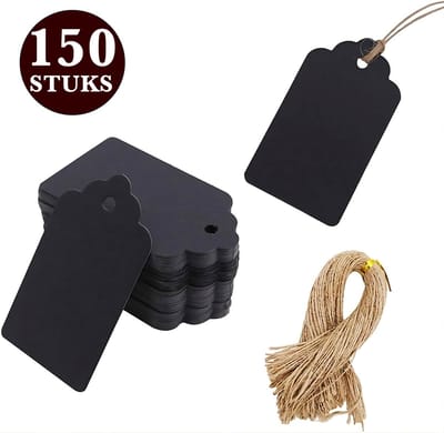 150x Stuks Kraft Karton Labels met 20m Jute Touw - Kartonnen Cadeaulabels met Gaatje en Koord - Zwarte Etiketten - Kraftpapier Naamkaartjes - Blanco Prijskaartjes\Prijslabels met Koortje - 7x4cm
