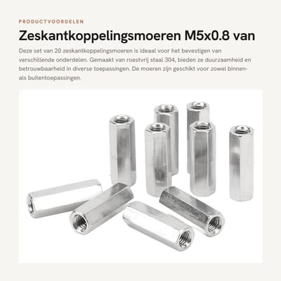 Dailygoods- Koppelingsmoer Zeskant M5x0.8 L25mm - 20 Stuks - Roestvrij Staal 304 - Draadstangconnectoren - Voor Binnen/Buiten - Geschikt voor Bevestiging - Moeren