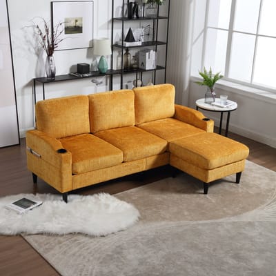 MODFU 4-Zitsbank - Met Opbergpoef En Bekerhouders - Modern - Voor Woonkamer - Chenille - Geel - 196,5 x 75 x 77 cm