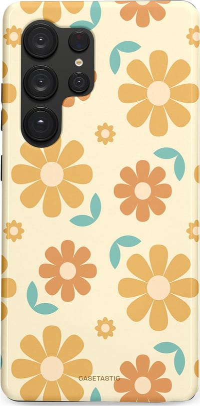 Casetastic hoesje geschikt voor Samsung Galaxy S25 Ultra - Dubbellaagse bescherming - Flower power Retro Bloemen - Geel - Oranje - Blauw - Fashion Case - Crème Goud Perzik