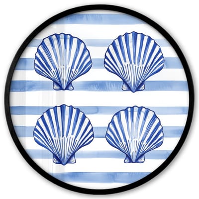 Poster in lijst Rond - Fotolijst 40x40 cm - Posters - Vier schelpen - Blauw - Wit - Strepen - Ronde posterlijst zwart - Decoratie - Wanddecoratie woonkamer - Muurdecoratie slaapkamer