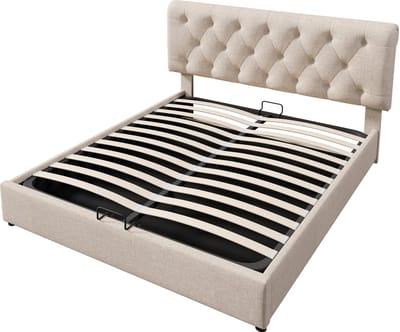 Hydraulisch verstelbaar gestoffeerd bed, afmetingen 140x200 cm, verstelbaar hoofdeinde, tweepersoonsbed, metalen frame met lattenbodem, modern bedframe met opbergruimte, natuurlijke kleur, inclusief matras.