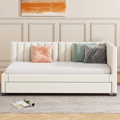 Wishdor – Slaapbankbed – Uitschuifbaar onderbed – Fluweel beige – 90x200 cm – Mid-century design
