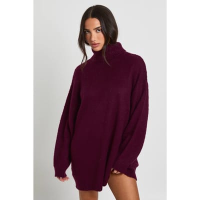 boohoo Dames Petite Super Soft Geborstelde Gebreide Rolkraag Mini-Jurk | Aubergine | Maat: XS