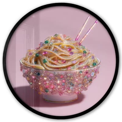 Poster in lijst Rond - Fotolijst 40x40 cm - Posters - Noodles - Edelstenen - Stokjes - Roze - Ronde posterlijst zwart - Decoratie - Wanddecoratie woonkamer - Muurdecoratie slaapkamer