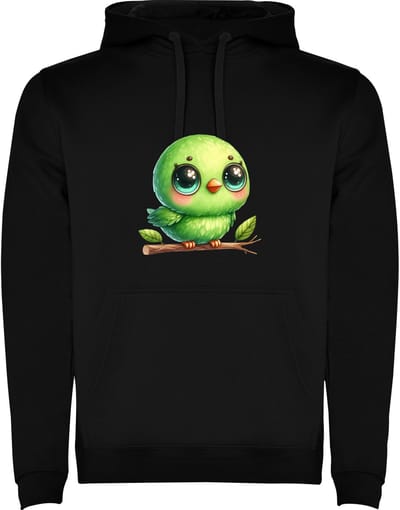 Zwarte Hoodie Kleurrijke Kleine Vogel - Te Schattig - Groen op takje - Cartoon - Humor Maat M