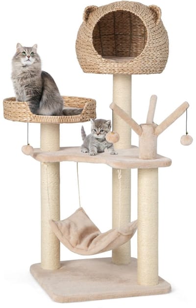 COSTWAY Kattenboom met hol, 121 cm hoog, kattenkrabpaal met hangmat & 4 pluche ballen & bed, kattenkrabpaal klein, klimboom met kattenhol, van buiszuigerdons, kattenmeubel, kattenhuis