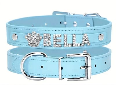 OLOEY Gepersonaliseerde hondenhalsband van PU-leer met naam, halsband met strass-steentjes voor kleine, middelgrote en grote honden, glamoureuze halsband als cadeau voor huisdieren (L, blauw)