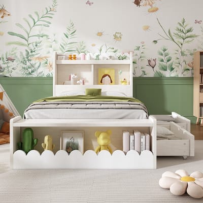 KOMHTOM Eenpersoonsbed Opbergbed voor kinderen 90 x 190 cm met 2 lades legplank en opbergbank Wit