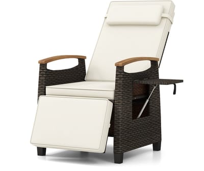 COSTWAY Tuinfauteuil met verstelbare rugleuning, rotan fauteuil met kussen en verstelbare rugleuning, ligstoel met inklapbaar bijzettafeltje, relaxfauteuil voor terras, tuin en balkon(Wit)