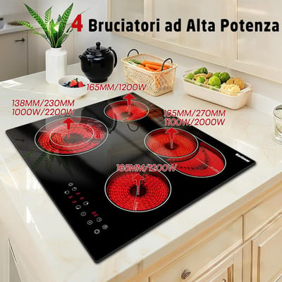 Keramische kookplaat - 4 pits fornuis - Snel koken - Tiptoetsen en timer - 60cm breed - Zwart