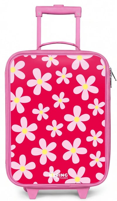 NoBoringSuitcases.com® - Kinderkoffer roze - Kindertrolley meisje - Madeliefjesmania hotpink - Koffer kind lichtgewicht - Reiskoffer trolley voor kinderen - Koffertje met lichtgevende wieltjes - Rolkoffer