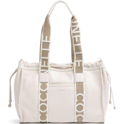 COCCINELLE Leren Schoudertas 2Day Signature Handbag Grained Leather Lambskin White Crème