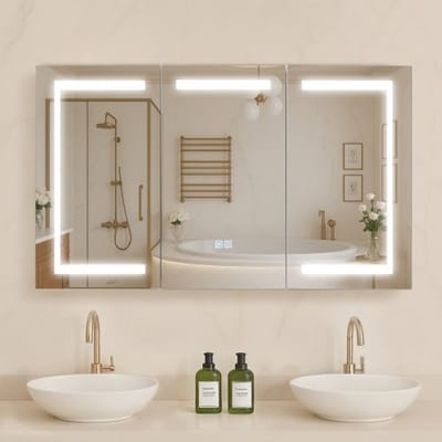 VEVOR Verlichte medicijnkast met spiegel (100 x 60 cm), 3-kleuren dimbare LED-badkamerkast met gehard glazen spiegel, geheugenfunctie/2 verstelbare planken/stopcontacten en USB-poorten