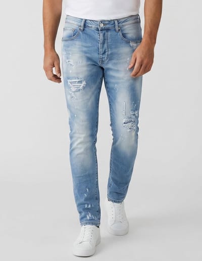 Gescheurde Jeans Heren Slim Fit - Spijkerbroek Heren Volwassenen -Stretch Jeans Heren -8409- Licht Blauw