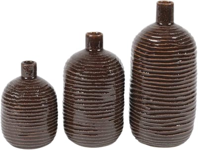 Rasteli Vaas Flesvormig Ribbel-Keramiek Bruin  Voordeelset van 3 Stuks